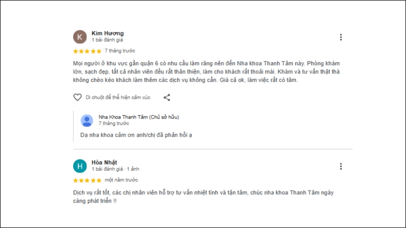 Khách hàng đã phản hồi rất tốt về nha khoa Thanh Tâm quận 6 về dịch vụ, quy trình, nhân viên