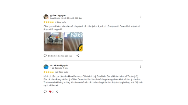 Khách hàng đã phản hồi rất tốt về nha khoa Parkway Tân Phú về dịch vụ, quy trình, nhân viên
